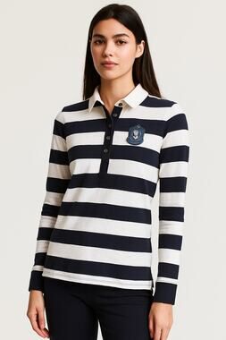 NWT H&M LOGG Rugby Collar Polo Size M Women’s Black Cream Striped Long Sleeve